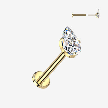 Implant Grade Titanium OneFit Threadless Golden Teardrop Gem Sparkle Top Flat Back Labret-Clear Gem